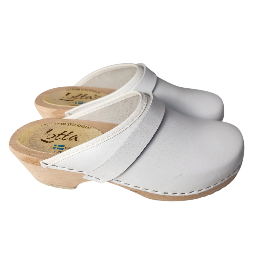 Lotta From Stockholm White Leather Clogs with Natural Wood Sole